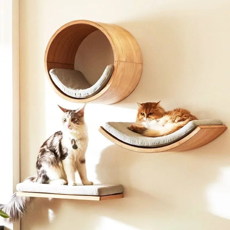 Premium Wooden Cat Wall Playground with Hammock & Scratching Posts