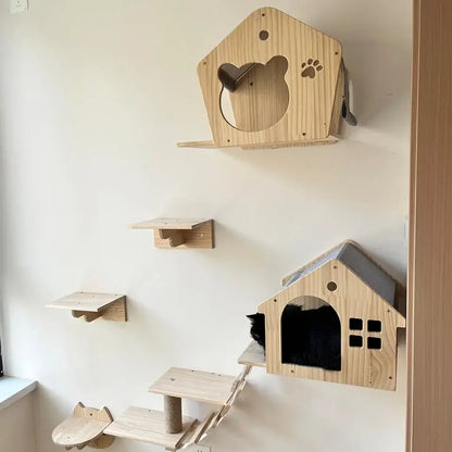 Premium Wooden Cat Wall Playground with Hammock & Scratching Posts