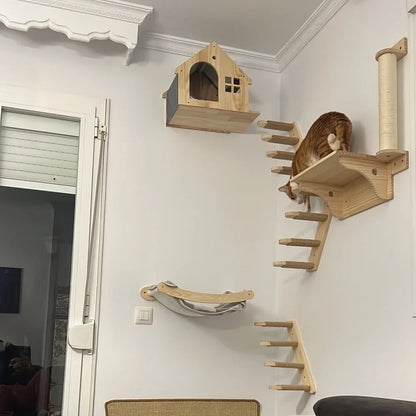 Premium Wooden Cat Wall Playground with Hammock & Scratching Posts