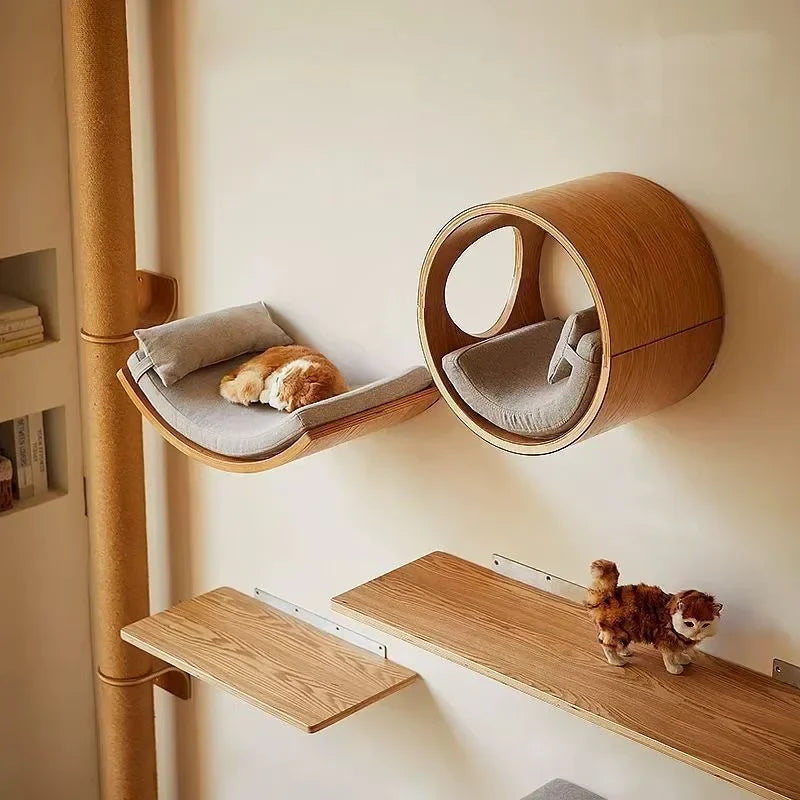Premium Wooden Cat Wall Playground with Hammock & Scratching Posts