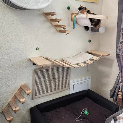 Premium Wooden Cat Wall Playground with Hammock & Scratching Posts