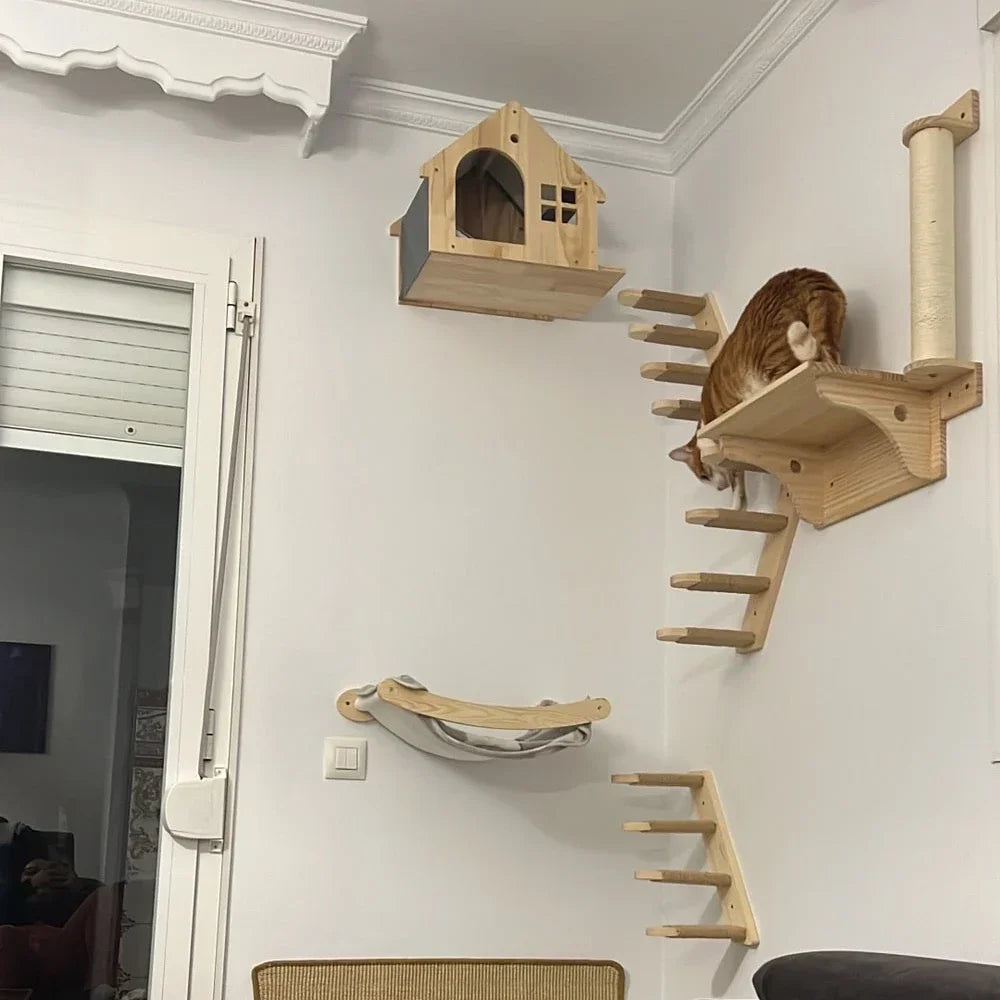 Premium Wooden Cat Wall Playground with Hammock & Scratching Posts