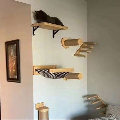 Premium Wooden Cat Wall Playground with Hammock & Scratching Posts